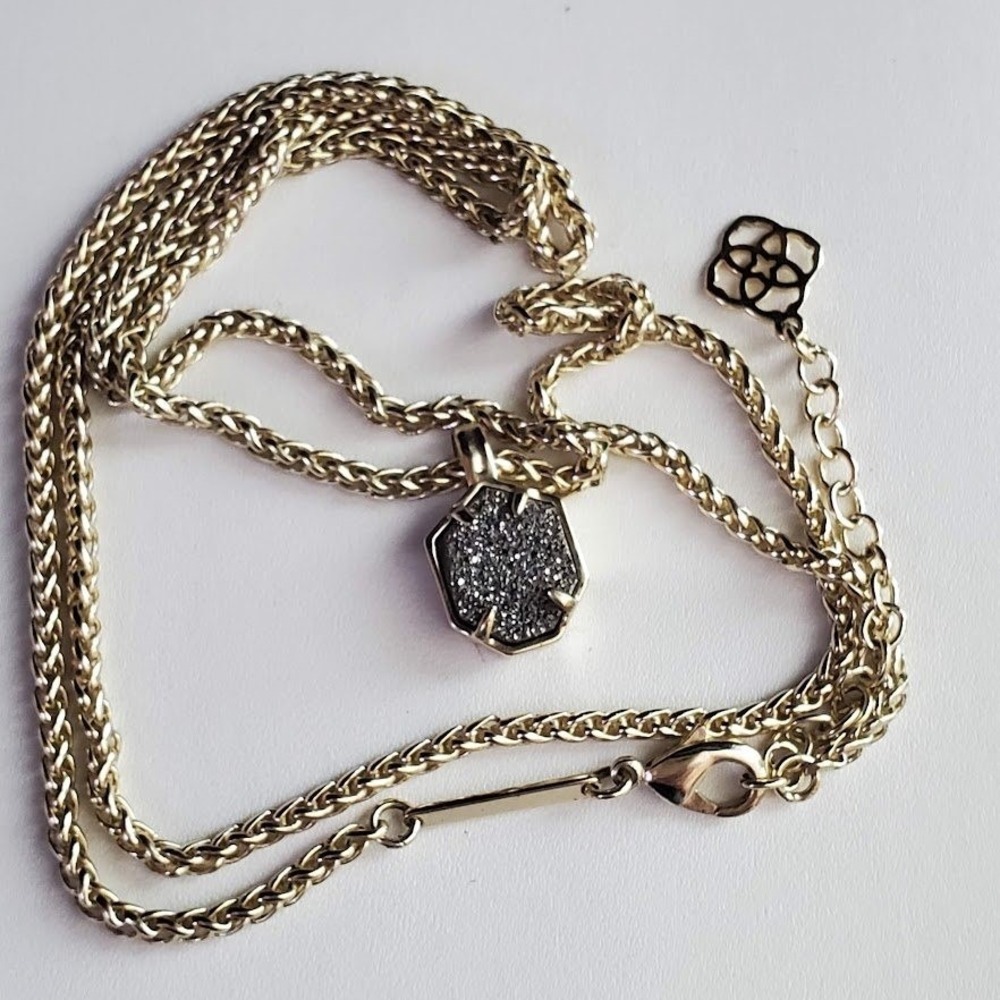 Kendra Scott Oliver Pendant Necklace Charcoal Drusy Wheat Chain Gold Plated Gift